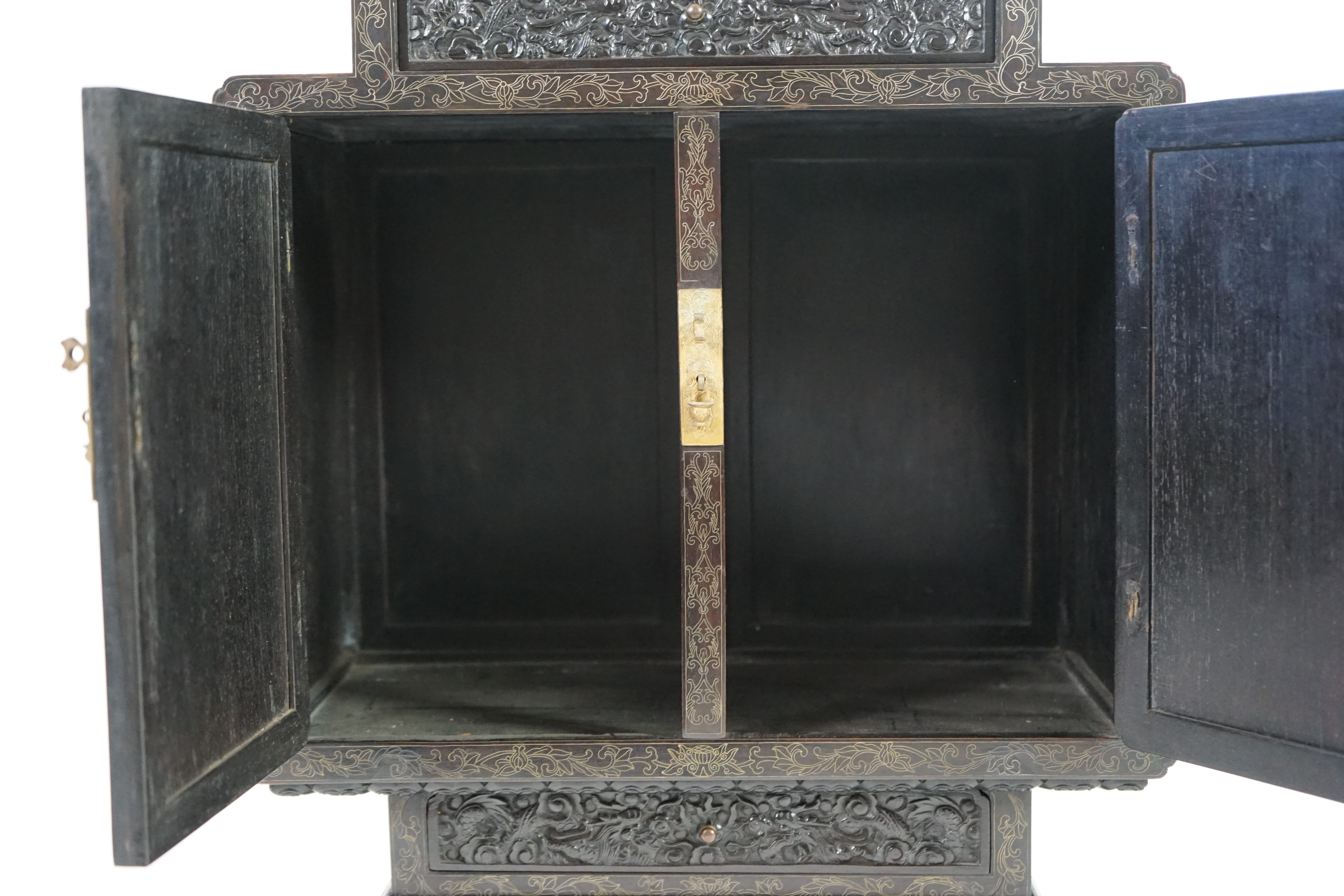 An important pair of Chinese carved zitan and silver wire inlaid ‘cloud and dragon’ curio cabinets and stands, duobaoge, probably Imperial, late Qing dynasty